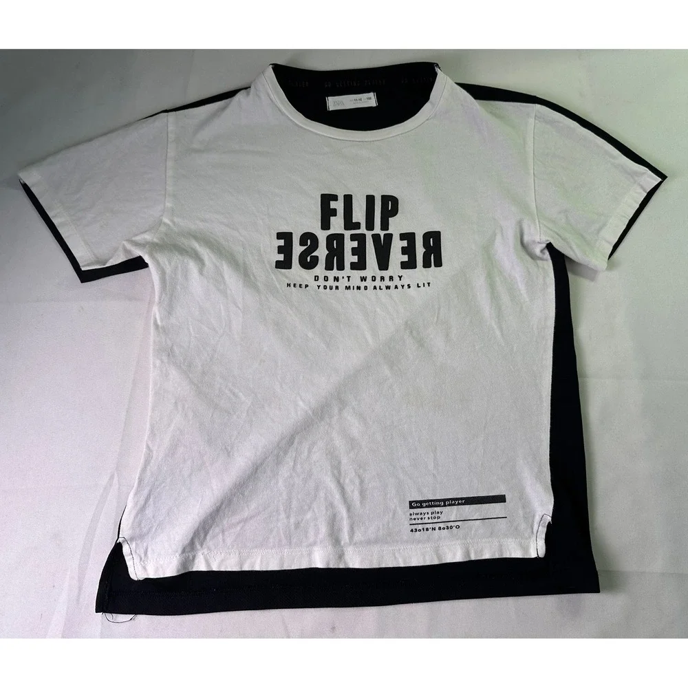 Zara Boys Size 11-12 Flip Reverse Graphic T-Shirt White Black Keep Active Sporty